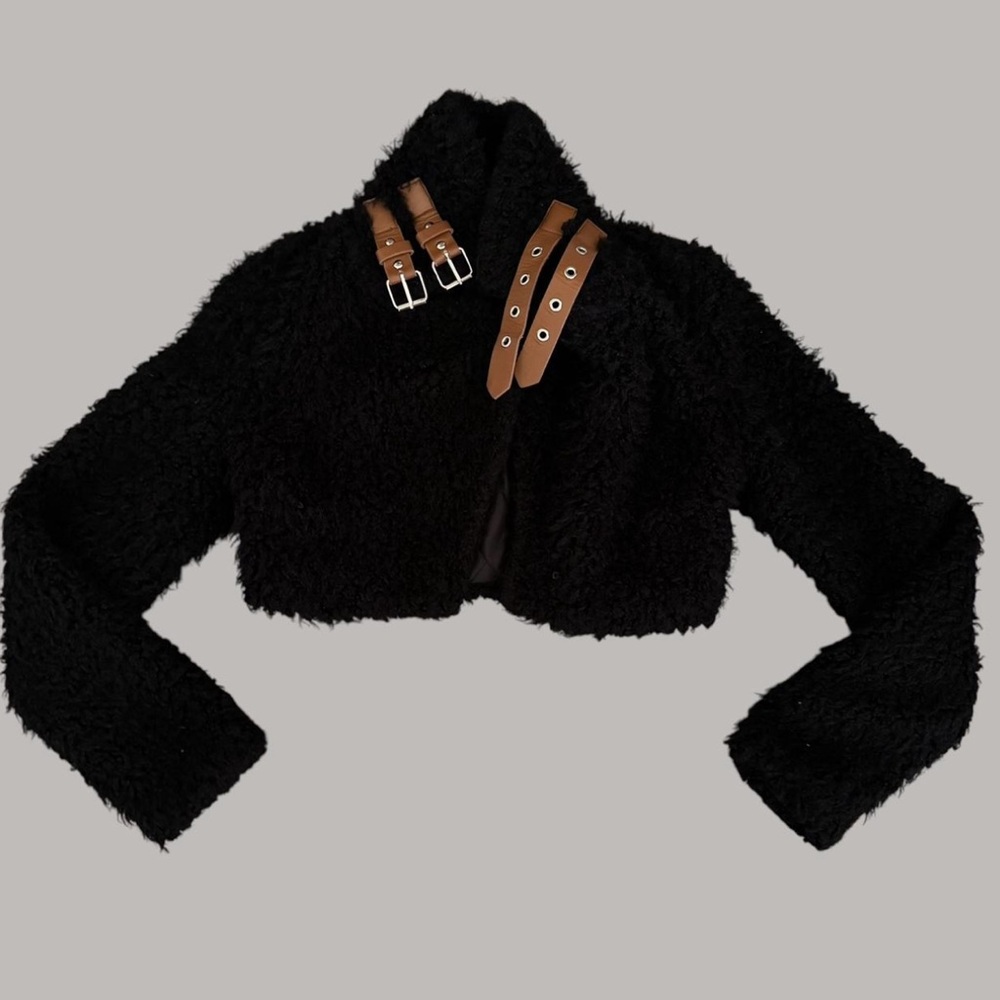 Black Fuzzy Cropped Jacket with Brown Buckle Accents